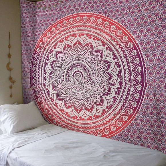Red Ombre Mandala Boho Bohemian Cotton Wall Hanging Decor Bed Dorm Tapestry - Picture 6 of 9